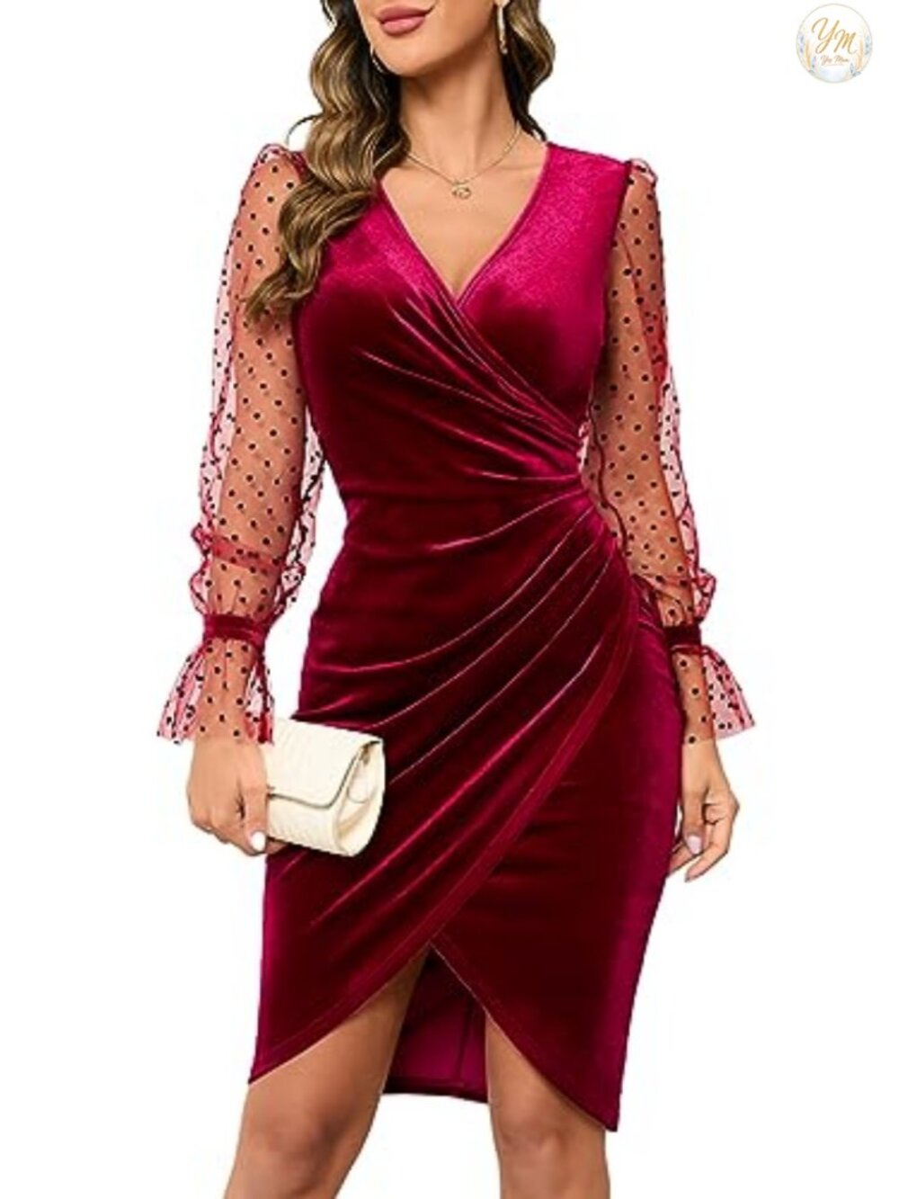 Women's Velvet Faux Wrap V-Neck Long Sheer Sleeve Bodycon Cocktail Dress